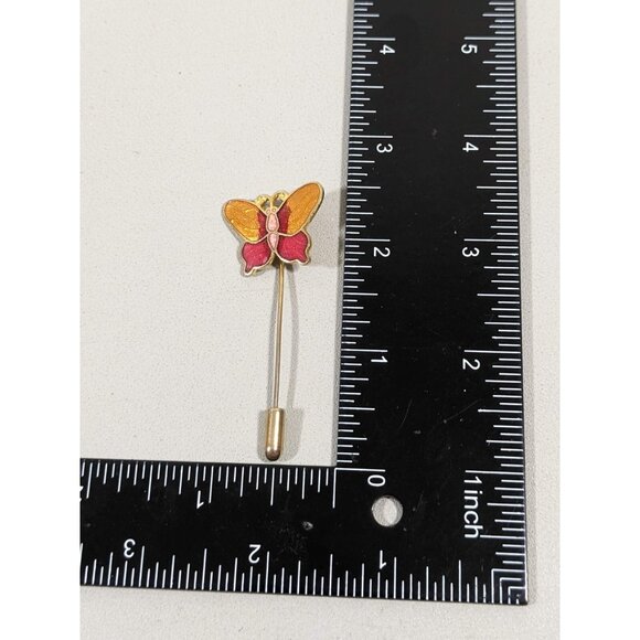 Vintage Red Orange Cloisonne Butterfly Short Stick Pin - Picture 5 of 5